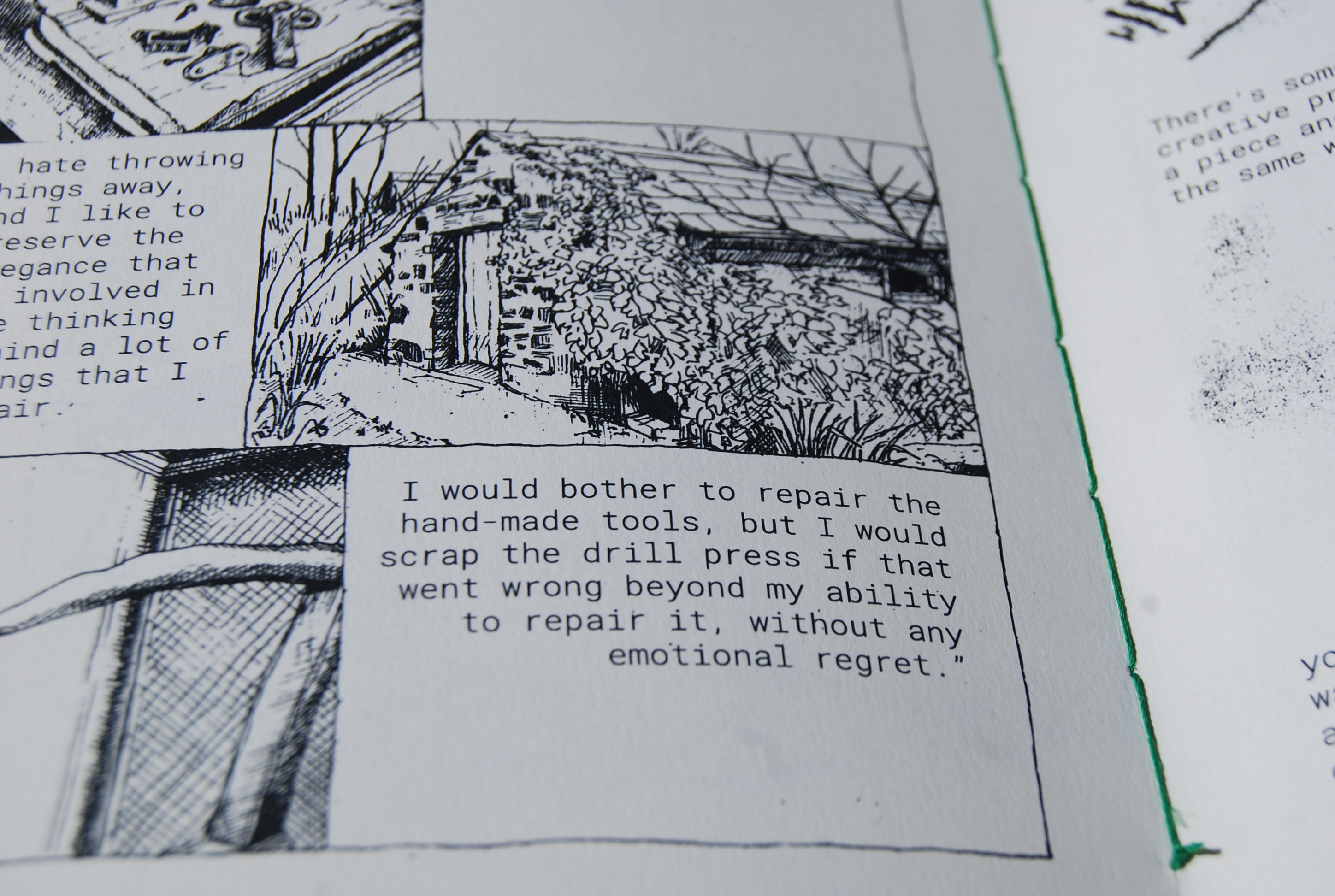 a closeup from my zine about repair, A Stitch in Time