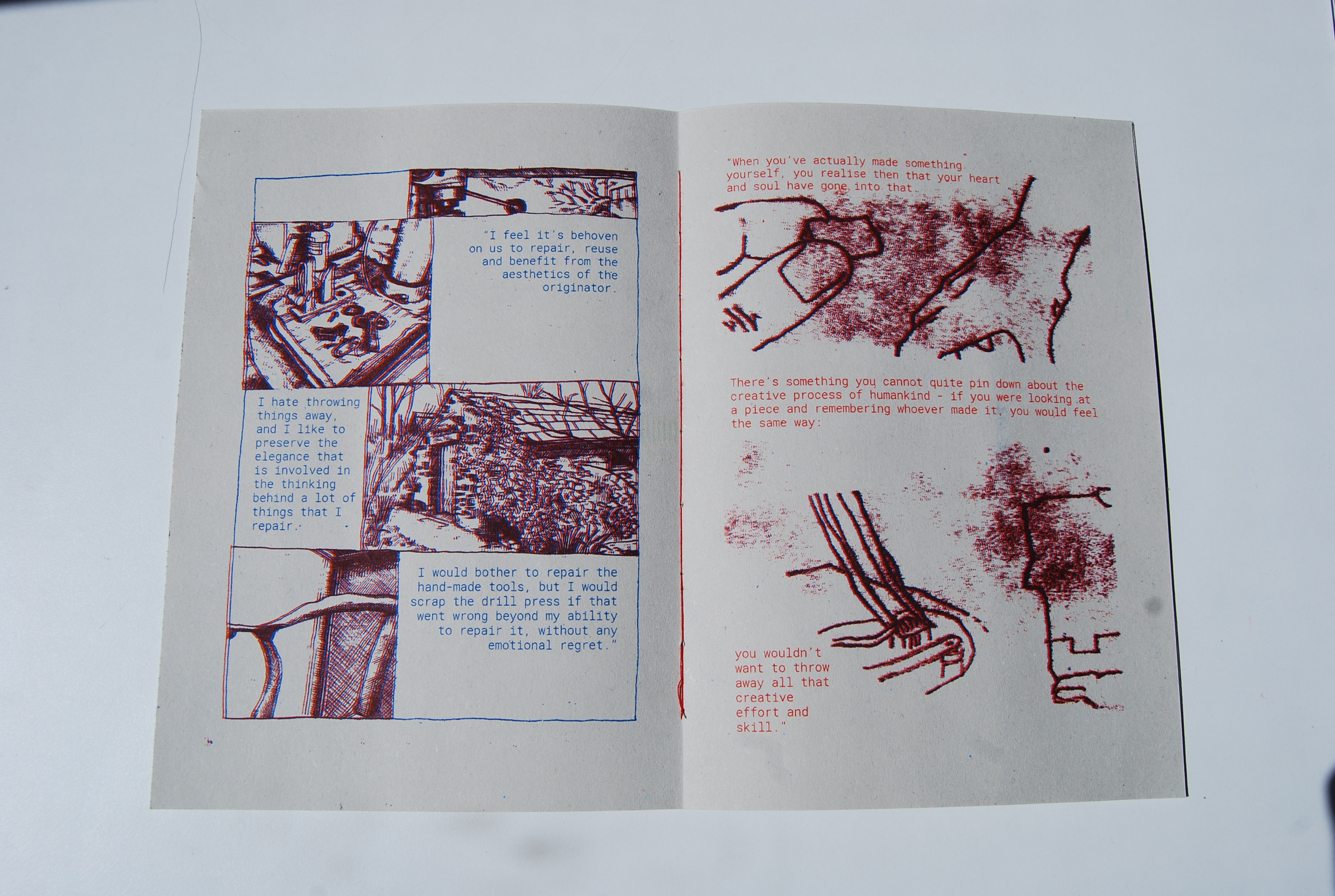 a double page spread from my zine about repair, A Stitch in Time